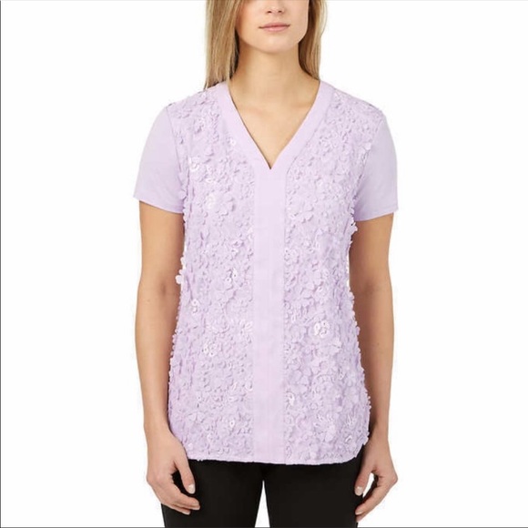 BADGLEY MISCHKA tunic top 3D floral appliqués lavender 2009 - Picture 7 of 9